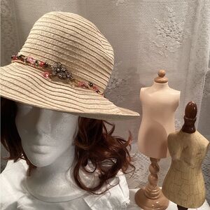 Cappelli Ecru Straw World Women’s Summer Floppy Hat, Visor Rhinestones /Beads
